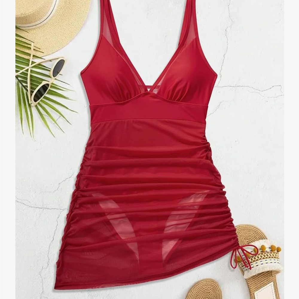 New! Red V-Neck One-Piece Swimdress with Sheer Mesh Overlay